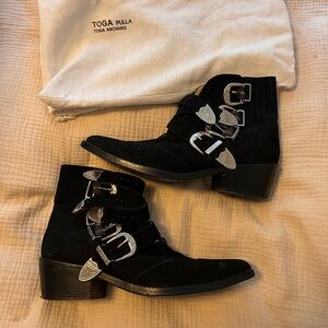TOGA Pulla Black Suede Western Buckle Ankle Booties